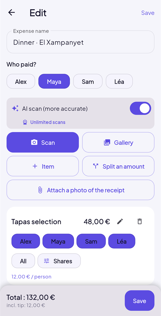 Kasho AI receipt scan and item split